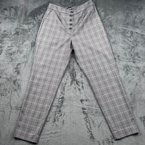 Express Pants - Express Womens High Rise Ankle Plaid Button Fly Trousers Grey Red Size Small